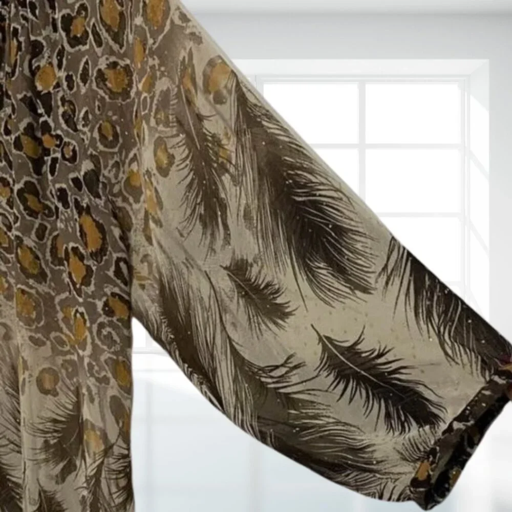 i Jeans by Buffalo Animal Print Sheer Gold Fleck Blouse Top Medium Flowy Boho - Picture 9 of 16